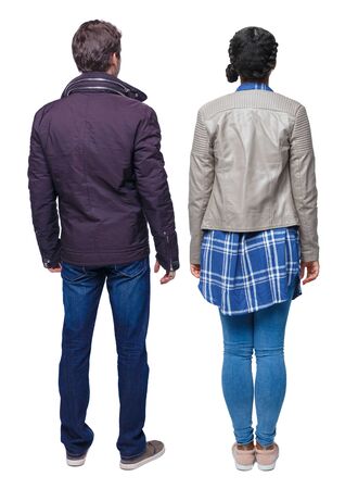 Back view of couple in winter jacket. beautiful friendly girl and guy together. Rear view people collection. backside view of person. Isolated over white background.の写真素材