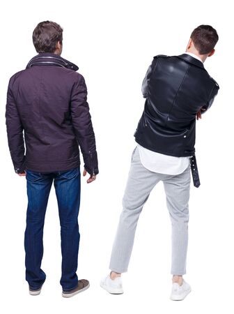 Back view of couple in winter jacket. beautiful friendly girl and guy together. Rear view people collection. backside view of person. Isolated over white background.の写真素材