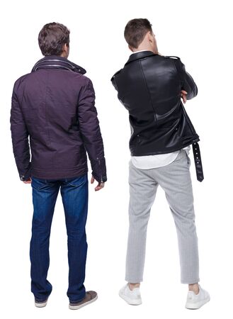 Back view of couple in winter jacket. beautiful friendly girl and guy together. Rear view people collection. backside view of person. Isolated over white background.の写真素材