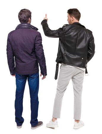 Back view of two man in winter jacket showing thumb up. Rear view people collection. backside view of person. Isolated over white background.の写真素材