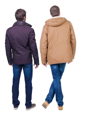 Back view of couple in winter jacket. beautiful friendly girl and guy together. Rear view people collection. backside view of person. Isolated over white background.の写真素材