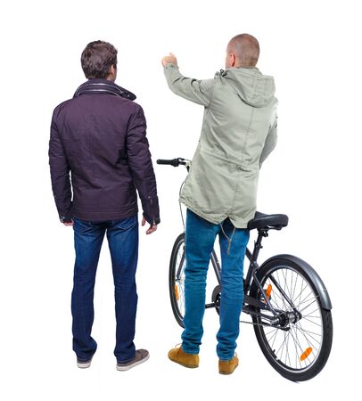 Back view of two man on a bicycle in winter jacket. Rear view people collection. backside view of person. Isolated over white background.の写真素材