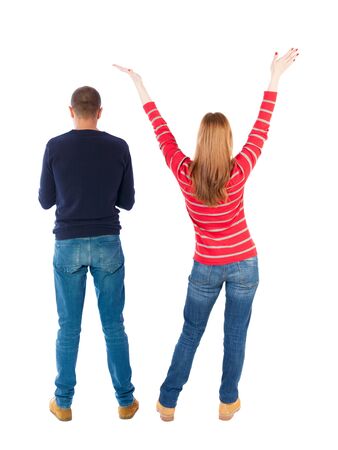 Back view of couple in sweater. beautiful friendly girl and guy together. Rear view people collection. backside view of person. Isolated over white background.の写真素材
