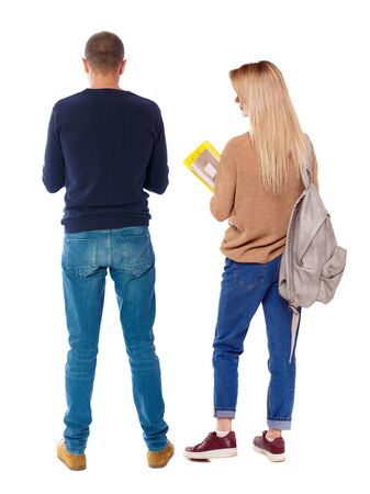 Back view of couple in sweater. beautiful friendly girl and guy together. Rear view people collection. backside view of person. Isolated over white background.の写真素材