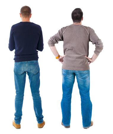 Back view of couple in sweater. beautiful friendly girl and guy together. Rear view people collection. backside view of person. Isolated over white background.の写真素材
