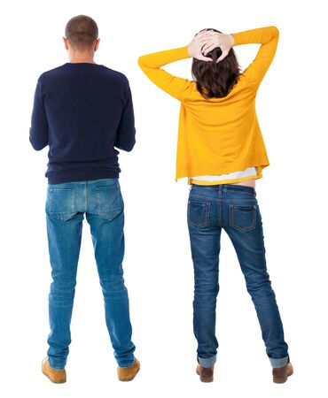 Back view of couple in sweater. beautiful friendly girl and guy together. Rear view people collection. backside view of person. Isolated over white background.の写真素材