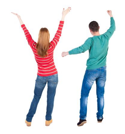 Back view of couple in sweater. beautiful friendly girl and guy together. Rear view people collection. backside view of person. Isolated over white background.の写真素材