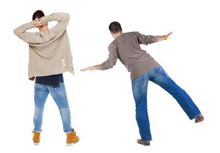 Back view of two man in sweater. Rear view people collection. backside view of person. Isolated over white background.の写真素材