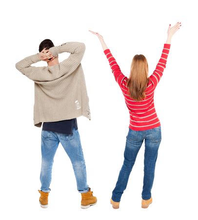 Back view of couple in sweater. beautiful friendly girl and guy together. Rear view people collection. backside view of person. Isolated over white background.の写真素材