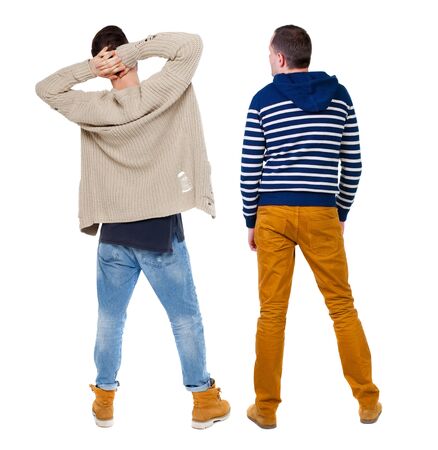 Back view of two man in sweater. Rear view people collection. backside view of person. Isolated over white background.の写真素材