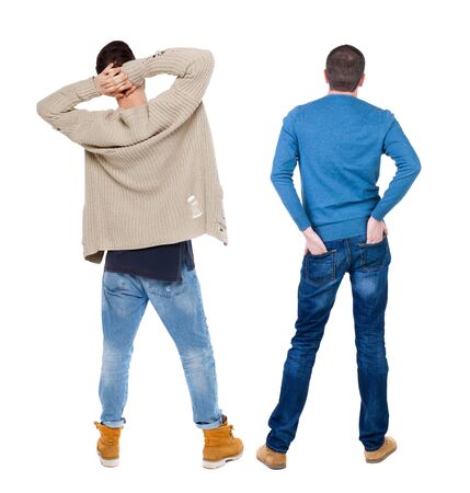 Back view of two man in sweater. Rear view people collection. backside view of person. Isolated over white background.の写真素材