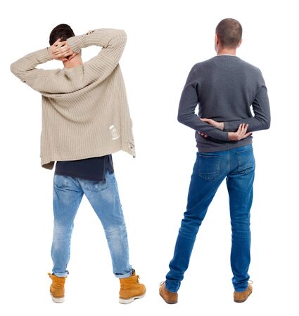 Back view of two man in sweater. Rear view people collection. backside view of person. Isolated over white background.の写真素材