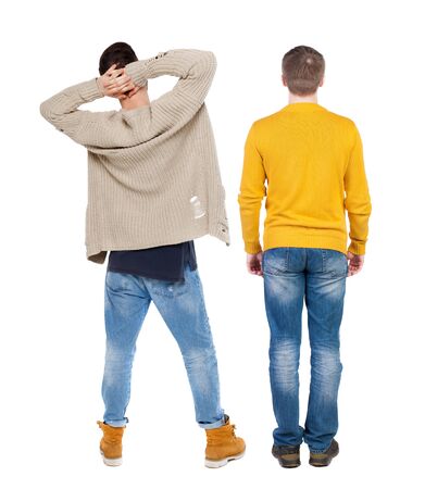 Back view of two man in sweater. Rear view people collection. backside view of person. Isolated over white background.の写真素材