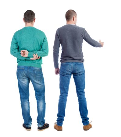 Back view of two man in sweater. Rear view people collection. backside view of person. Isolated over white background.の写真素材