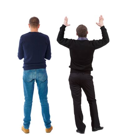 Back view of two man in sweater. Rear view people collection. backside view of person. Isolated over white background.の写真素材