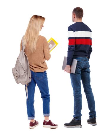 Back view of couple in sweater. beautiful friendly girl and guy together. Rear view people collection. backside view of person. Isolated over white background.の写真素材