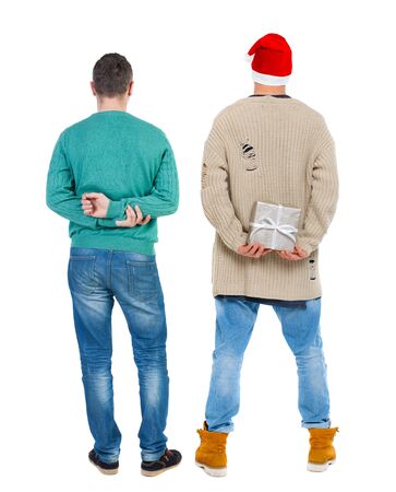 Back view of two man in sweater. Rear view people collection. backside view of person. Isolated over white background.の写真素材