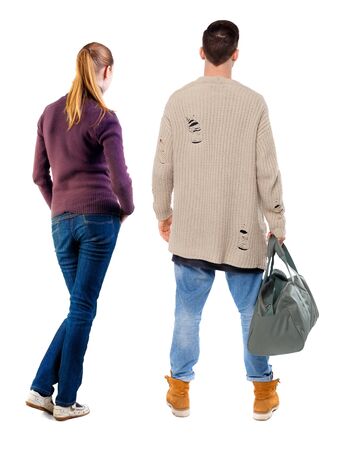Back view of couple in sweater. beautiful friendly girl and guy together. Rear view people collection. backside view of person. Isolated over white background.の写真素材