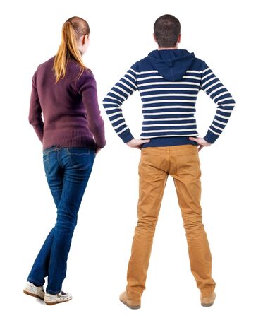 Back view of couple in sweater. beautiful friendly girl and guy together. Rear view people collection. backside view of person. Isolated over white background.の写真素材