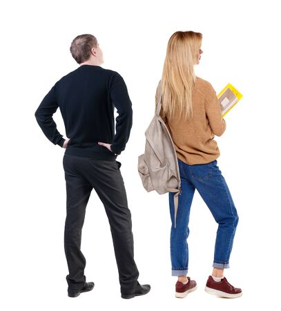 Back view of couple in sweater. beautiful friendly girl and guy together. Rear view people collection. backside view of person. Isolated over white background.の写真素材
