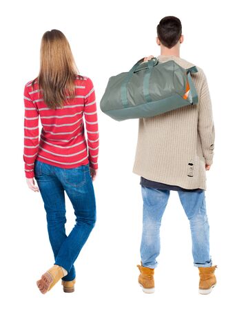 Back view of couple in sweater. beautiful friendly girl and guy together. Rear view people collection. backside view of person. Isolated over white background.の写真素材