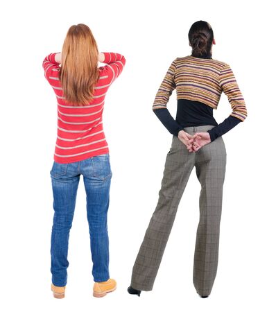 Back view of two woman in sweater. beautiful friendly girl and guy together. Rear view people collection. backside view of person. Isolated over white background.の写真素材