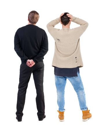 Back view of two man in sweater. Rear view people collection. backside view of person. Isolated over white background.の写真素材