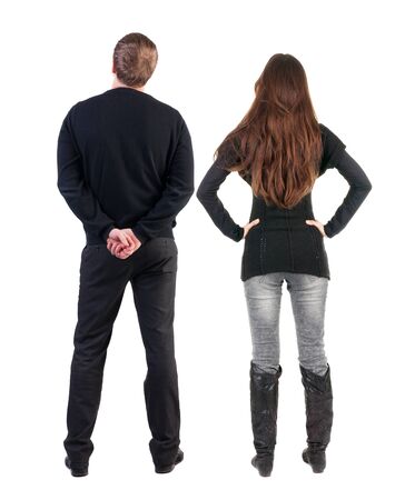 Back view of couple in sweater. beautiful friendly girl and guy together. Rear view people collection. backside view of person. Isolated over white background.の写真素材