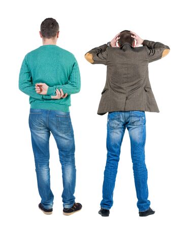 Back view of two man in sweater. Rear view people collection. backside view of person. Isolated over white background.の写真素材
