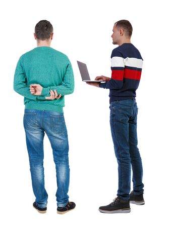 Back view of couple in sweater. beautiful friendly girl and guy together. Rear view people collection. backside view of person. Isolated over white background.の写真素材