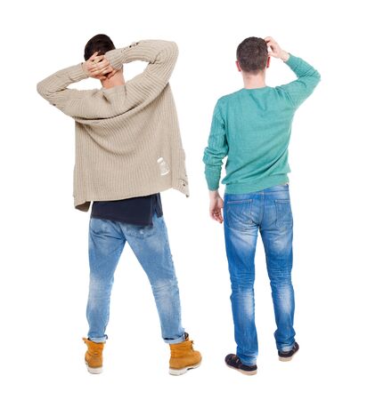 Back view of two man in sweater. Rear view people collection. backside view of person. Isolated over white background.の写真素材