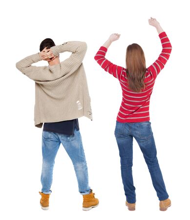 Back view of couple in sweater. beautiful friendly girl and guy together. Rear view people collection. backside view of person. Isolated over white background.の写真素材