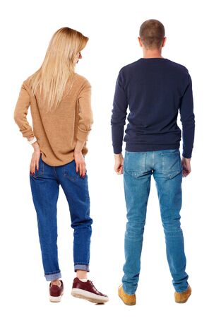 Back view of couple in sweater. beautiful friendly girl and guy together. Rear view people collection. backside view of person. Isolated over white background.の写真素材