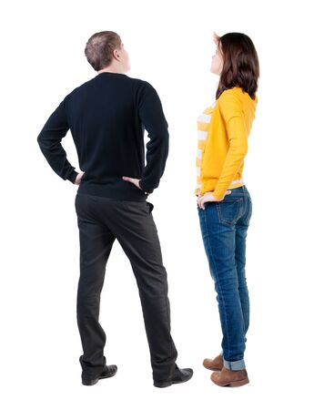 Back view of couple in sweater. beautiful friendly girl and guy together. Rear view people collection. backside view of person. Isolated over white background.の写真素材