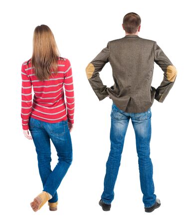 Back view of couple in sweater. beautiful friendly girl and guy together. Rear view people collection. backside view of person. Isolated over white background.の写真素材