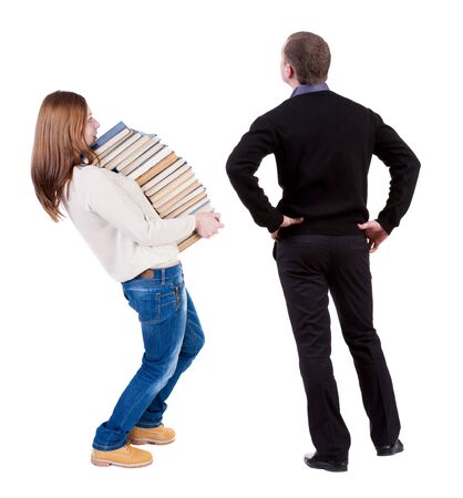 Back view of couple in sweater. beautiful friendly girl and guy together. Rear view people collection. backside view of person. Isolated over white background.の写真素材