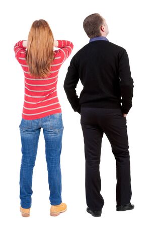 Back view of couple in sweater. beautiful friendly girl and guy together. Rear view people collection. backside view of person. Isolated over white background.の写真素材