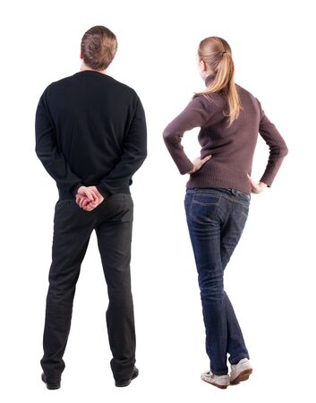 Back view of couple in sweater. beautiful friendly girl and guy together. Rear view people collection. backside view of person. Isolated over white background.の写真素材