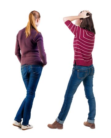 Back view of couple in sweater. beautiful friendly girl and guy together. Rear view people collection. backside view of person. Isolated over white background.の写真素材