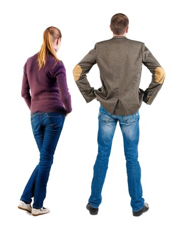 Back view of couple in sweater. beautiful friendly girl and guy together. Rear view people collection. backside view of person. Isolated over white background.の写真素材