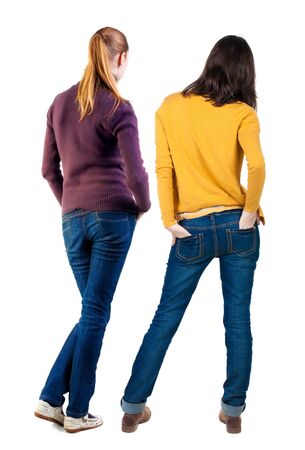 Back view of couple in sweater. beautiful friendly girl and guy together. Rear view people collection. backside view of person. Isolated over white background.の写真素材