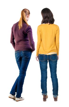 Back view of couple in sweater. beautiful friendly girl and guy together. Rear view people collection. backside view of person. Isolated over white background.の写真素材