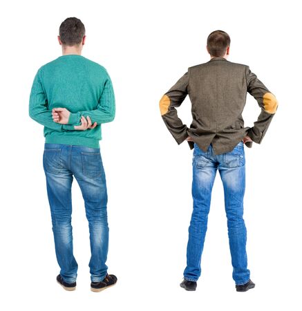 Back view of two man in sweater. Rear view people collection. backside view of person. Isolated over white background.の写真素材