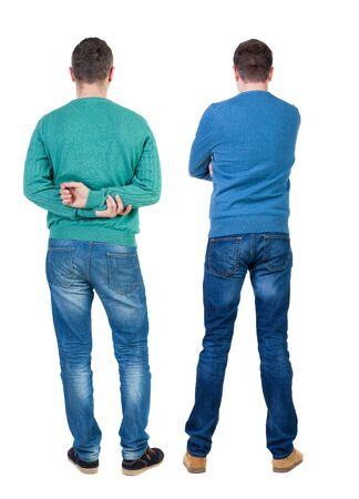 Back view of two man in sweater. Rear view people collection. backside view of person. Isolated over white background.の写真素材