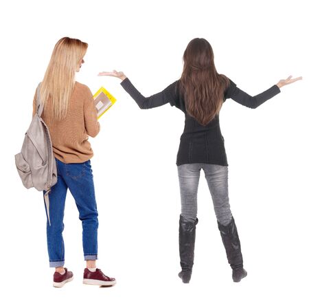Back view of couple in sweater. beautiful friendly girl and guy together. Rear view people collection. backside view of person. Isolated over white background.の写真素材