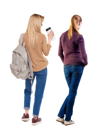 Back view of couple in sweater. beautiful friendly girl and guy together. Rear view people collection. backside view of person. Isolated over white background.の写真素材