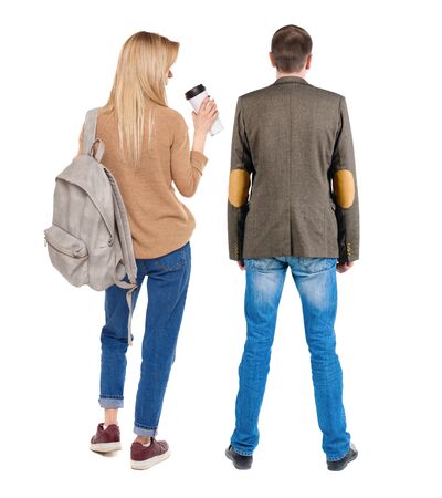 Back view of couple in sweater. beautiful friendly girl and guy together. Rear view people collection. backside view of person. Isolated over white background.の写真素材