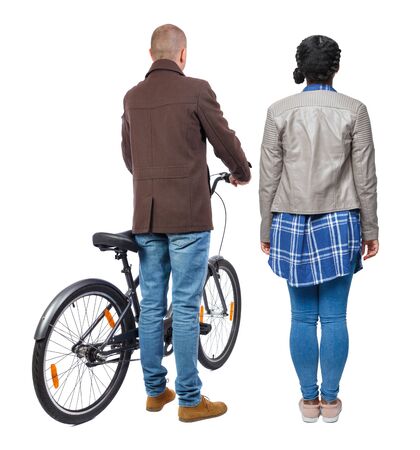 Back view of couple in winter jacket. man on a bicycle and a woman. Rear view people collection. backside view of person. Isolated over white background.の写真素材