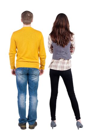 Back view couple in sweater. beautiful man and woman. Rear view people collection. backside view of person. Isolated over white background.の写真素材