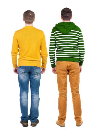 Back view two man in sweater. Rear view people collection. backside view of person. Isolated over white background. Guys looking forwardの写真素材